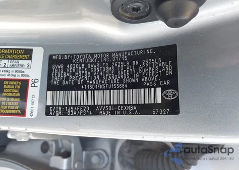 2015 Toyota Camry Hybrid Le z USA, uszkodzony, nr VIN 4T1BD1FK5FU155684